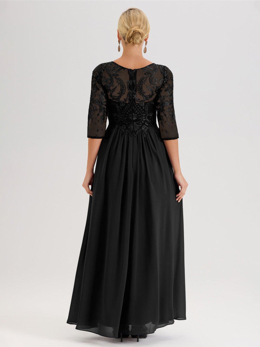 Cicinia Mûre Robe Mère De La Mariée Col Ras Du Cou À Manches 3/4 Trapèze En Mousseline Et Dentelle Longueur Au Sol
