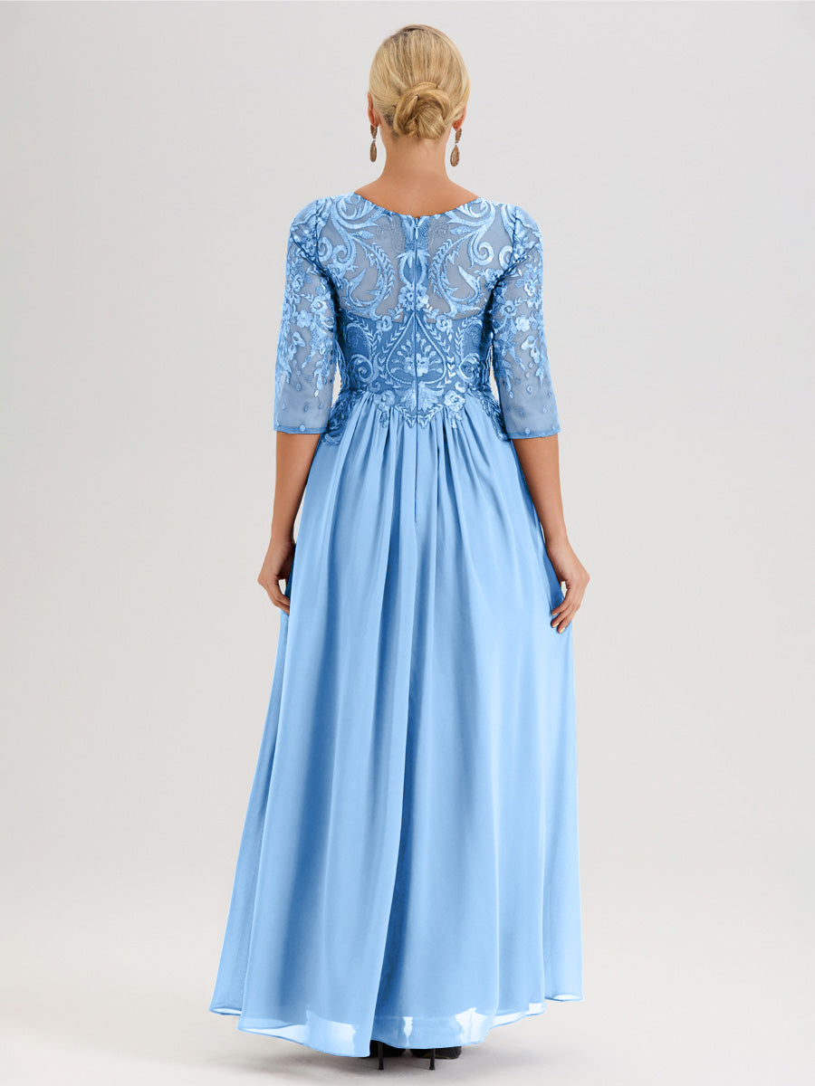 Cicinia Cabernet Robe Mère De La Mariée Col Ras Du Cou À Manches 3/4 Trapèze En Mousseline Et Dentelle Longueur Au Sol