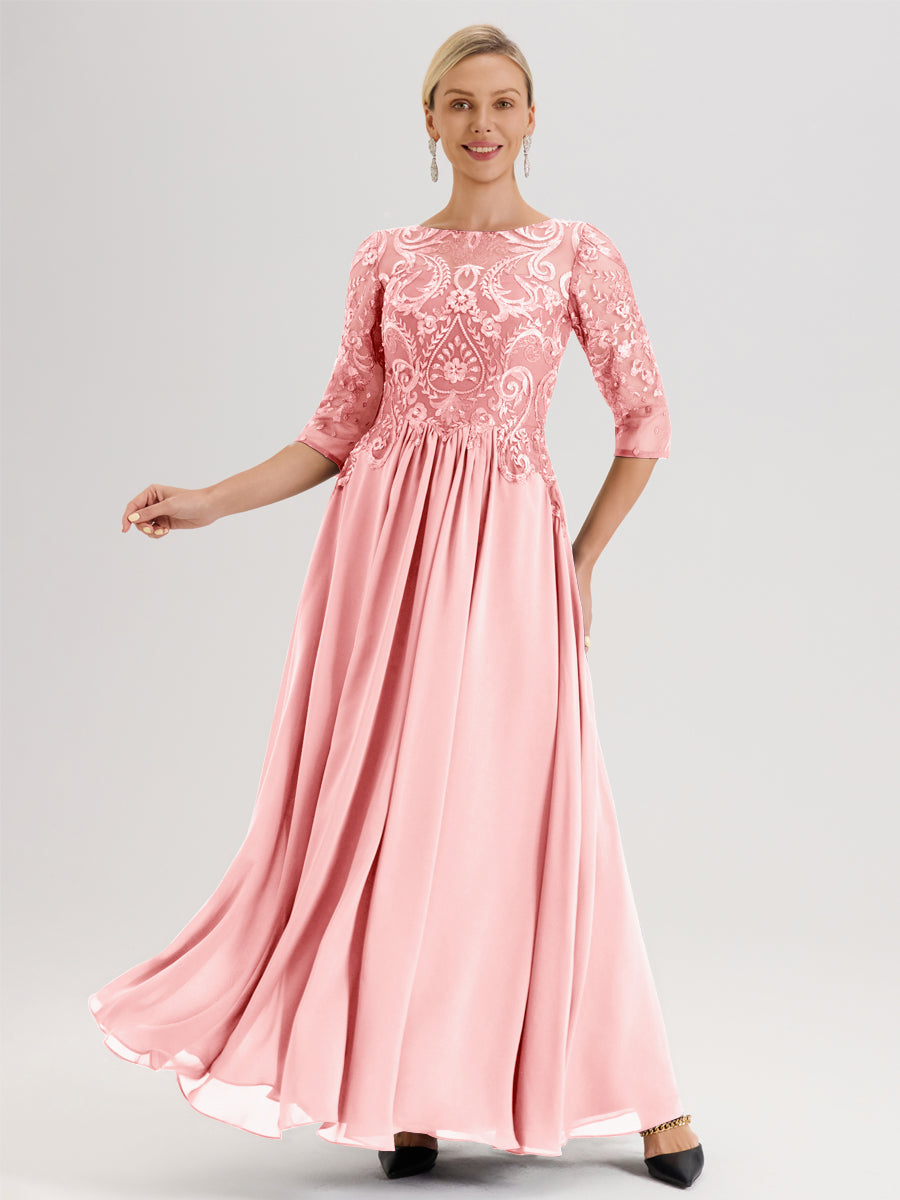 Cicinia Bordeaux Robe Mère De La Mariée Col Ras Du Cou À Manches 3/4 Trapèze En Mousseline Et Dentelle Longueur Au Sol