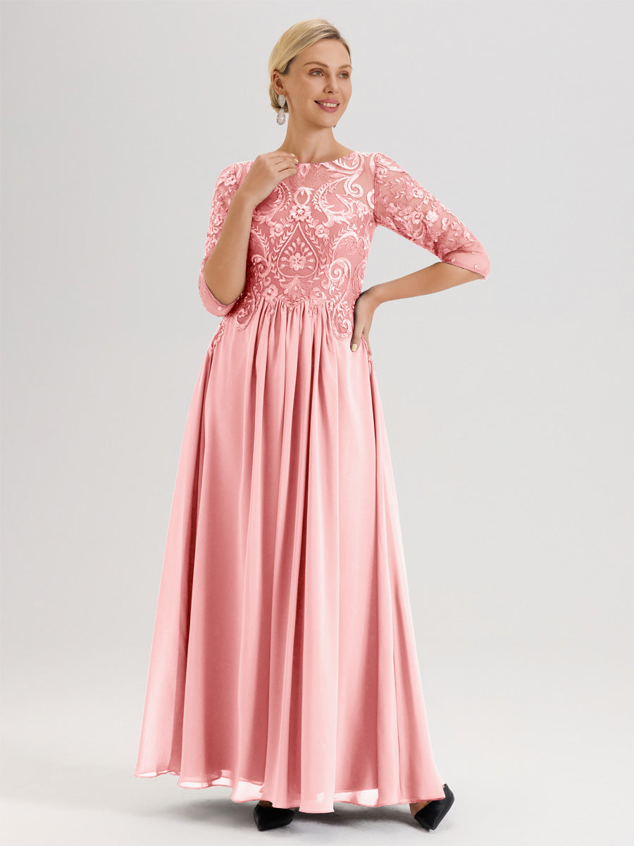 Cicinia Bordeaux Robe Mère De La Mariée Col Ras Du Cou À Manches 3/4 Trapèze En Mousseline Et Dentelle Longueur Au Sol