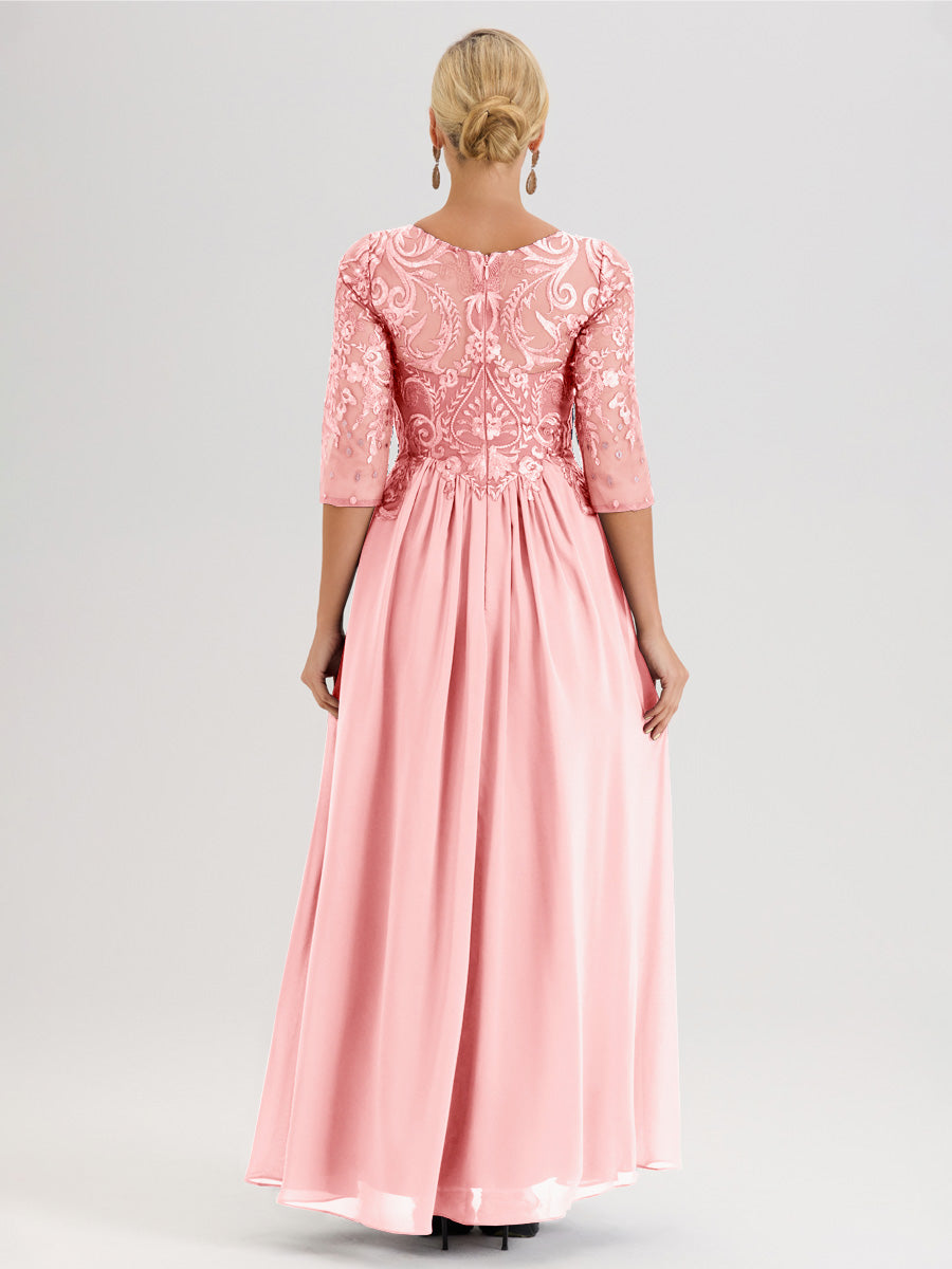 Cicinia Bordeaux Robe Mère De La Mariée Col Ras Du Cou À Manches 3/4 Trapèze En Mousseline Et Dentelle Longueur Au Sol