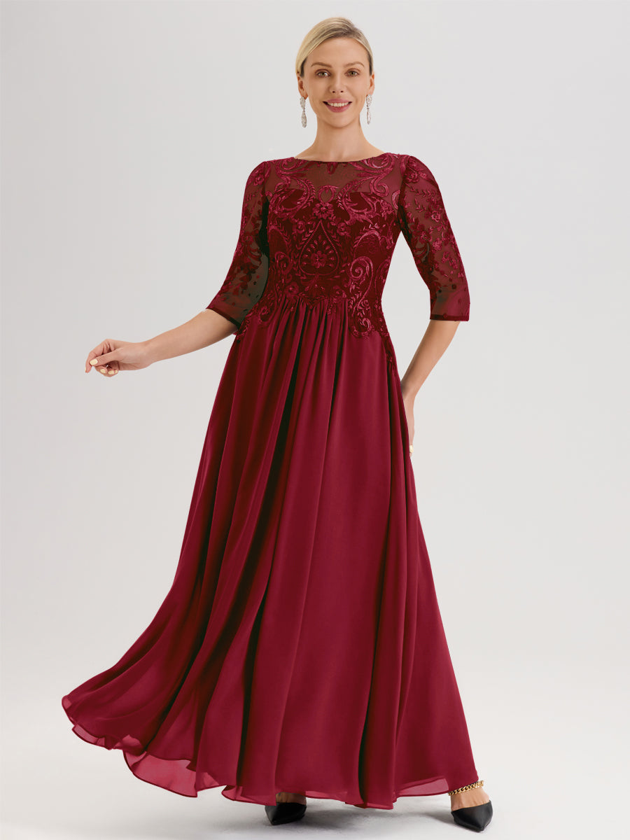 Cicinia Rouge Robe Mère De La Mariée Col Ras Du Cou À Manches 3/4 Trapèze En Mousseline Et Dentelle Longueur Au Sol