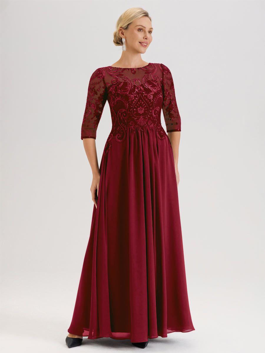 Cicinia Rouge Robe Mère De La Mariée Col Ras Du Cou À Manches 3/4 Trapèze En Mousseline Et Dentelle Longueur Au Sol