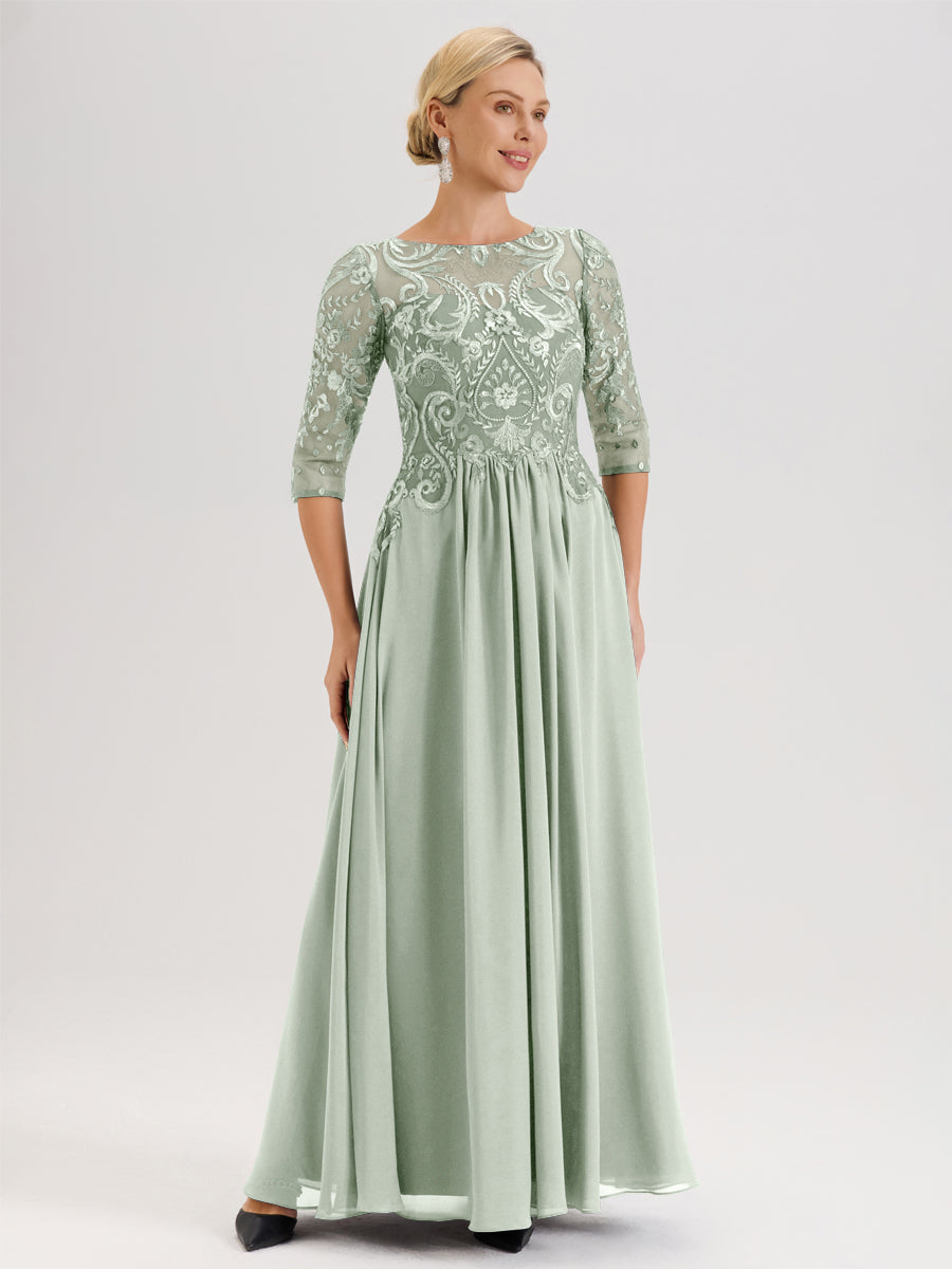 Cicinia Bleu De Schiste Robe Mère De La Mariée Col Ras Du Cou À Manches 3/4 Trapèze En Mousseline Et Dentelle Longueur Au Sol