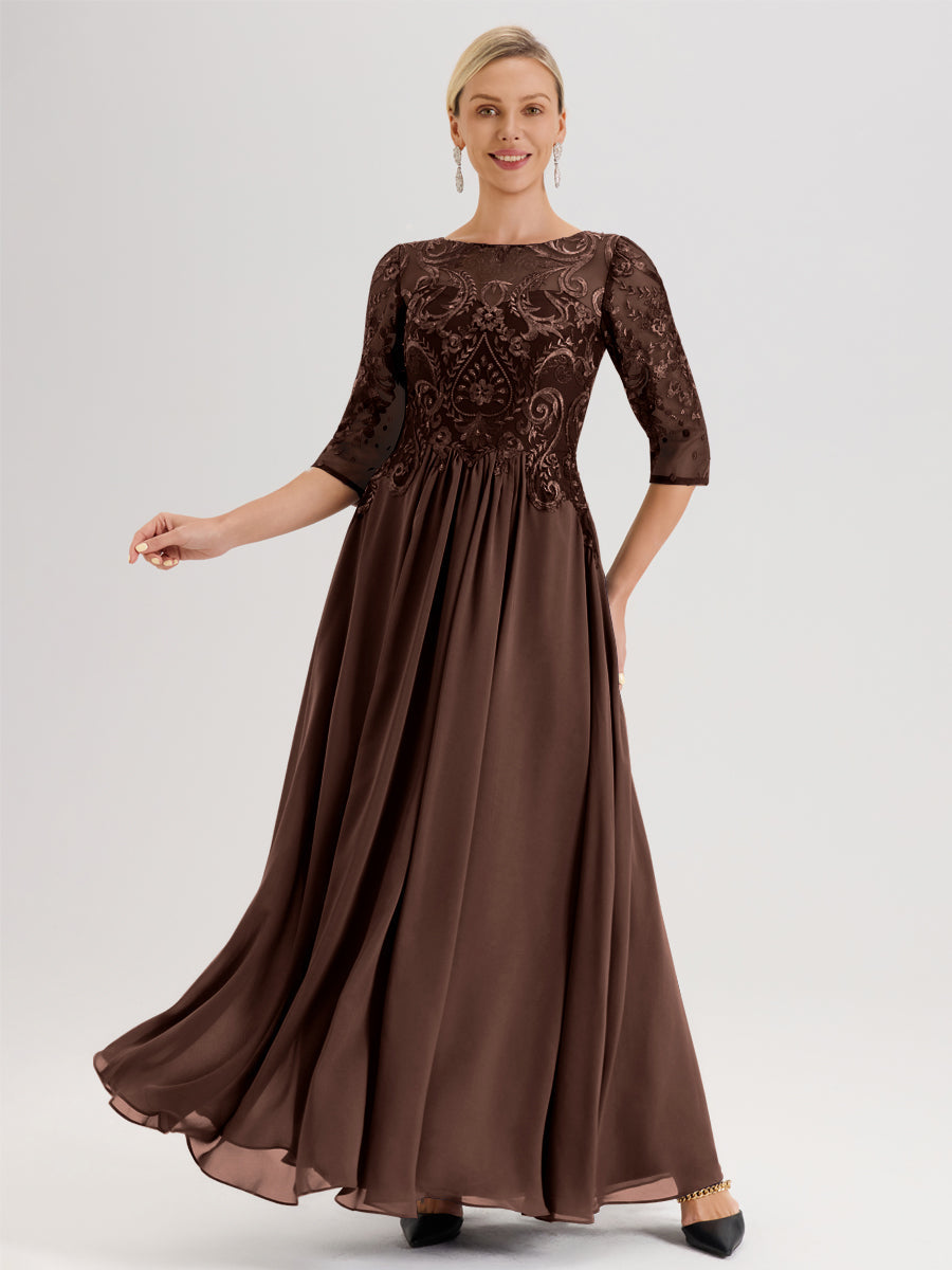 Cicinia Paon Robe Mère De La Mariée Col Ras Du Cou À Manches 3/4 Trapèze En Mousseline Et Dentelle Longueur Au Sol