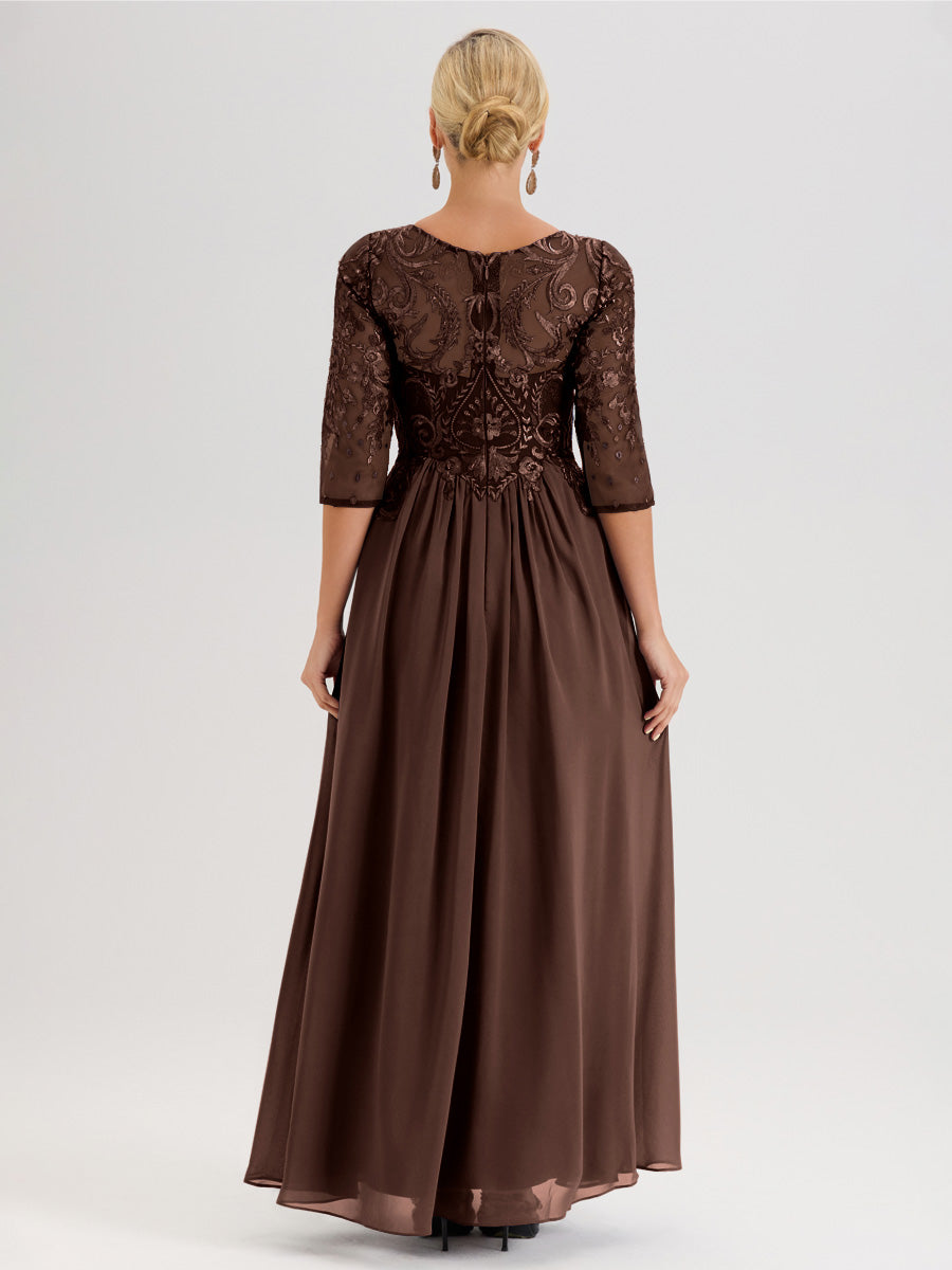 Cicinia Paon Robe Mère De La Mariée Col Ras Du Cou À Manches 3/4 Trapèze En Mousseline Et Dentelle Longueur Au Sol