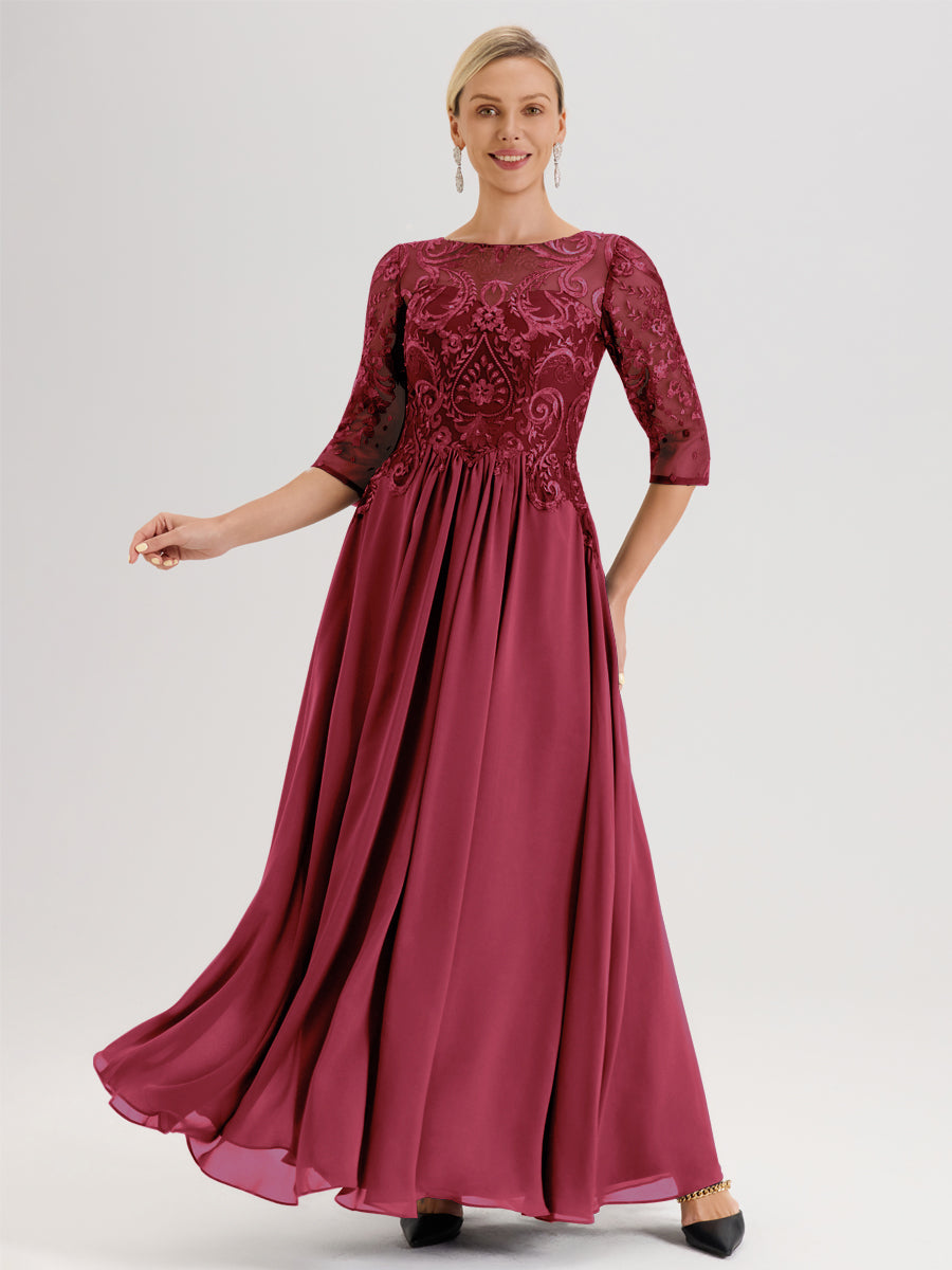 Cicinia Bleu Encre Robe Mère De La Mariée Col Ras Du Cou À Manches 3/4 Trapèze En Mousseline Et Dentelle Longueur Au Sol