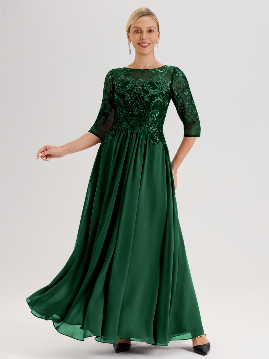 Cicinia Bleu Poudré Robe Mère De La Mariée Col Ras Du Cou À Manches 3/4 Trapèze En Mousseline Et Dentelle Longueur Au Sol