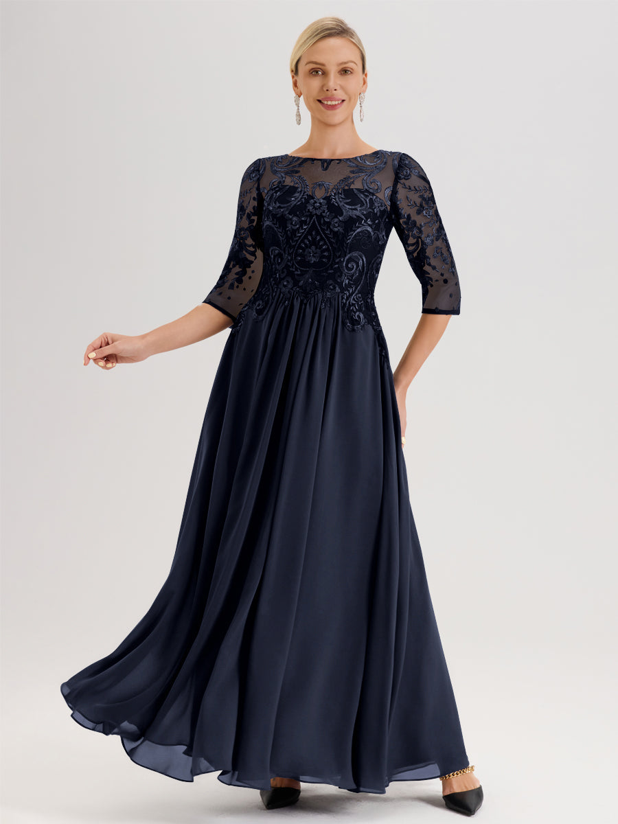 Cicinia Bleu Marine Robe Mère De La Mariée Col Ras Du Cou À Manches 3/4 Trapèze En Mousseline Et Dentelle Longueur Au Sol