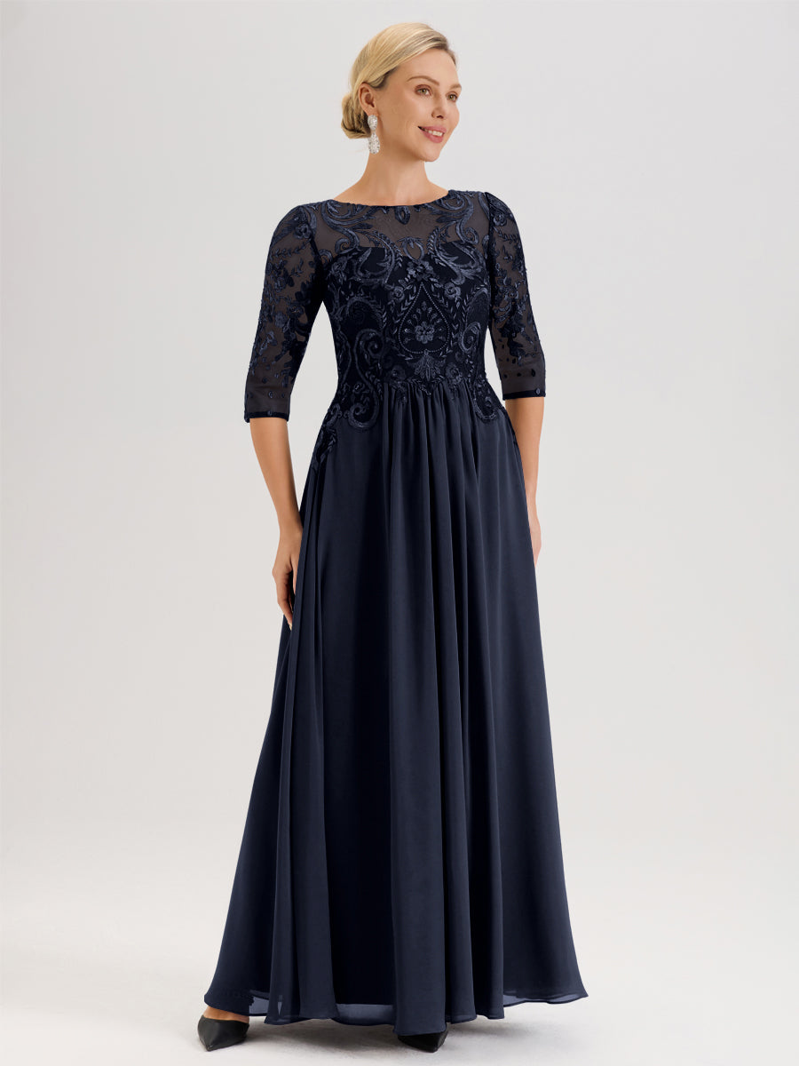 Cicinia Bleu Marine Robe Mère De La Mariée Col Ras Du Cou À Manches 3/4 Trapèze En Mousseline Et Dentelle Longueur Au Sol