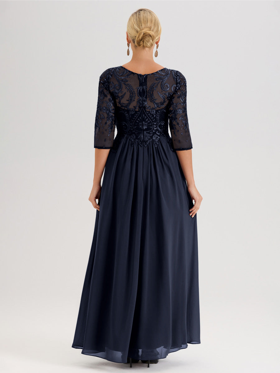 Cicinia Bleu Marine Robe Mère De La Mariée Col Ras Du Cou À Manches 3/4 Trapèze En Mousseline Et Dentelle Longueur Au Sol