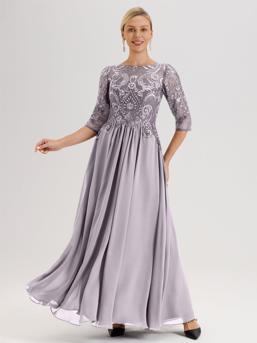 Cicinia Bleu Royale Robe Mère De La Mariée Col Ras Du Cou À Manches 3/4 Trapèze En Mousseline Et Dentelle Longueur Au Sol