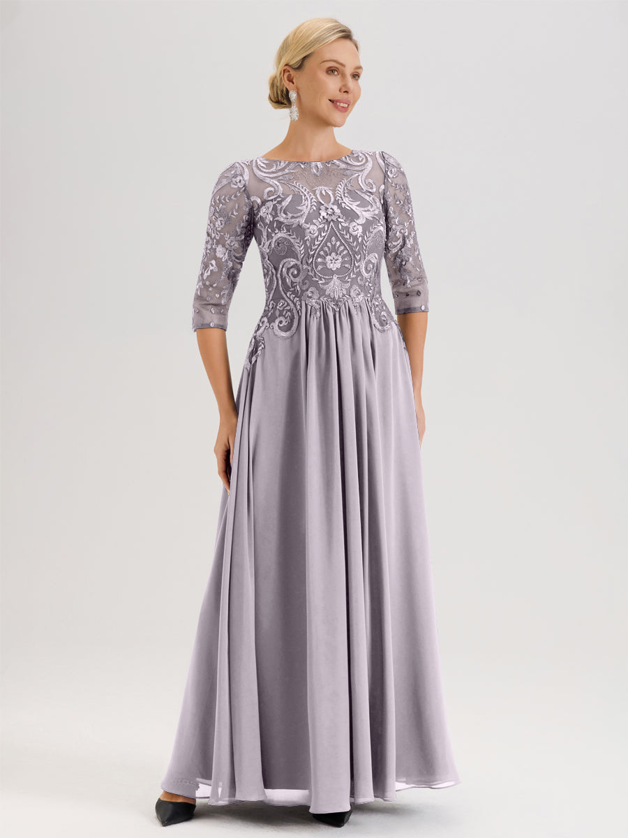 Cicinia Bleu Royale Robe Mère De La Mariée Col Ras Du Cou À Manches 3/4 Trapèze En Mousseline Et Dentelle Longueur Au Sol