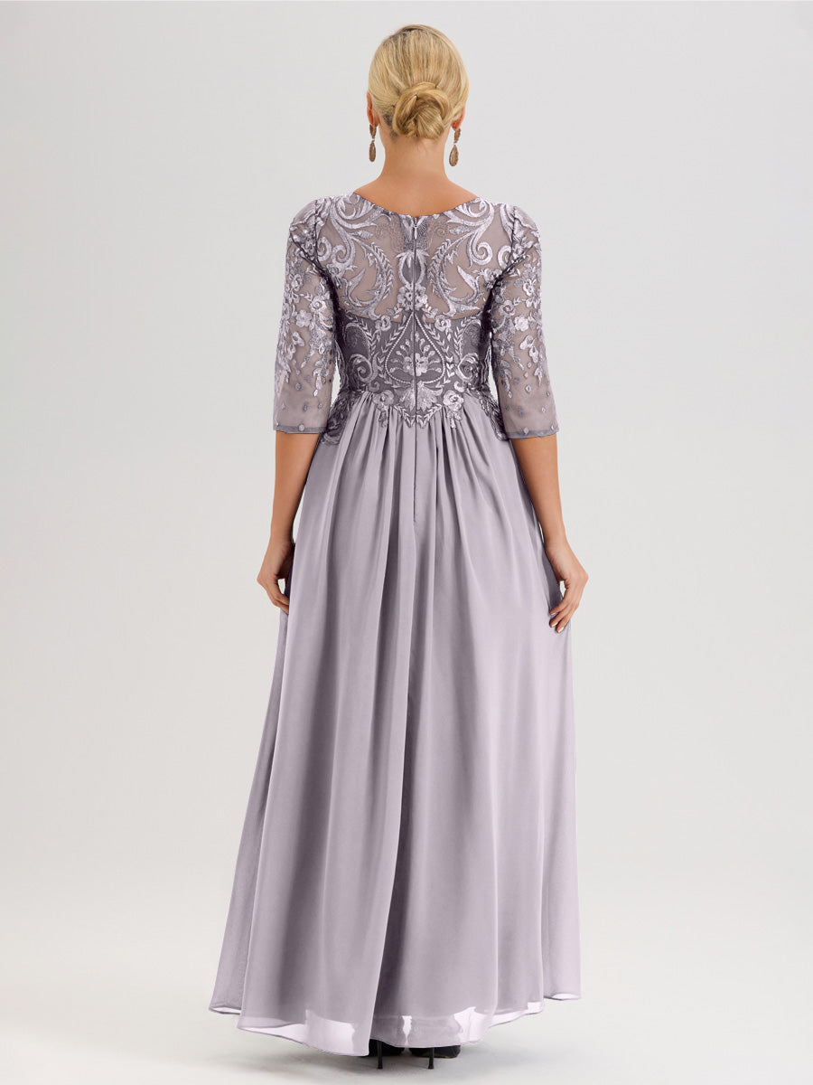 Cicinia Bleu Royale Robe Mère De La Mariée Col Ras Du Cou À Manches 3/4 Trapèze En Mousseline Et Dentelle Longueur Au Sol