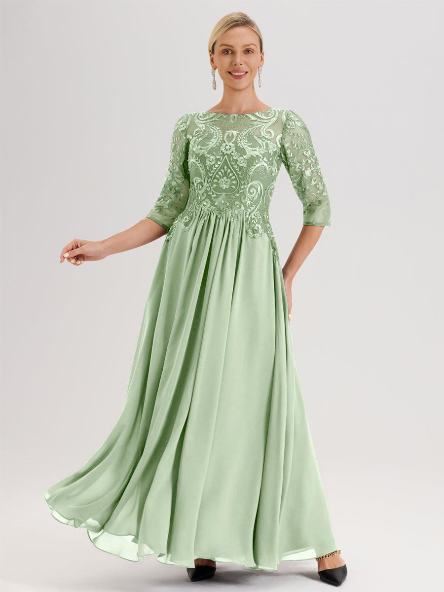 Cicinia Lilas Robe Mère De La Mariée Col Ras Du Cou À Manches 3/4 Trapèze En Mousseline Et Dentelle Longueur Au Sol