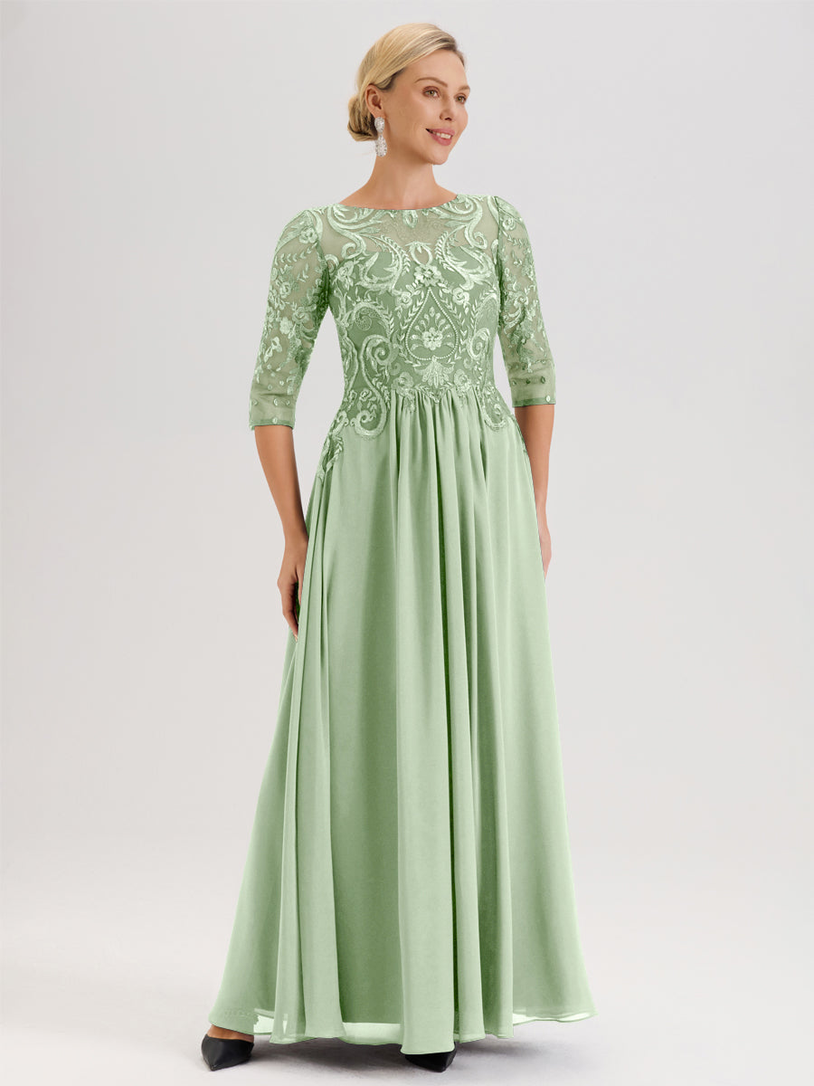 Cicinia Lilas Robe Mère De La Mariée Col Ras Du Cou À Manches 3/4 Trapèze En Mousseline Et Dentelle Longueur Au Sol