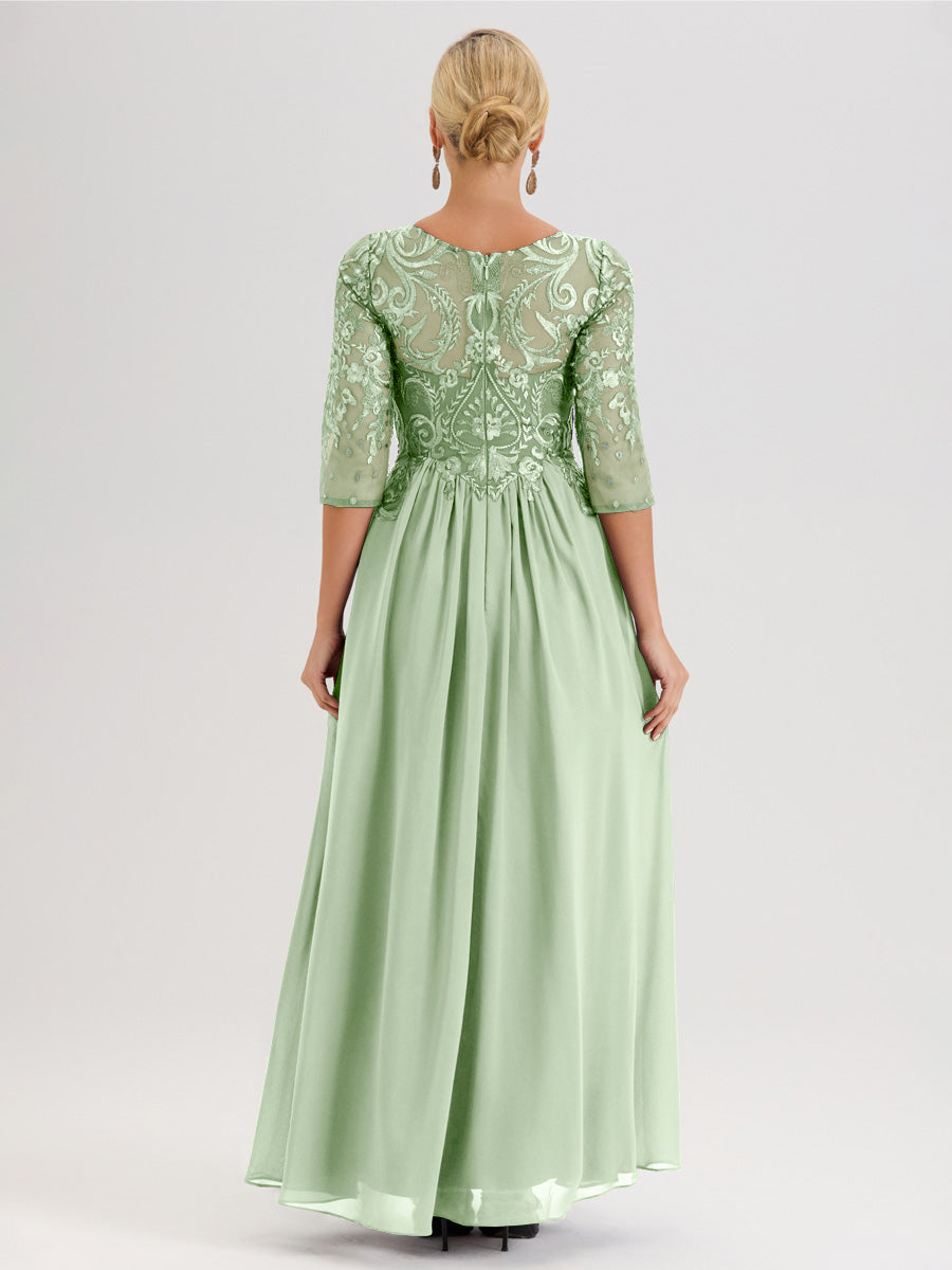 Cicinia Lilas Robe Mère De La Mariée Col Ras Du Cou À Manches 3/4 Trapèze En Mousseline Et Dentelle Longueur Au Sol