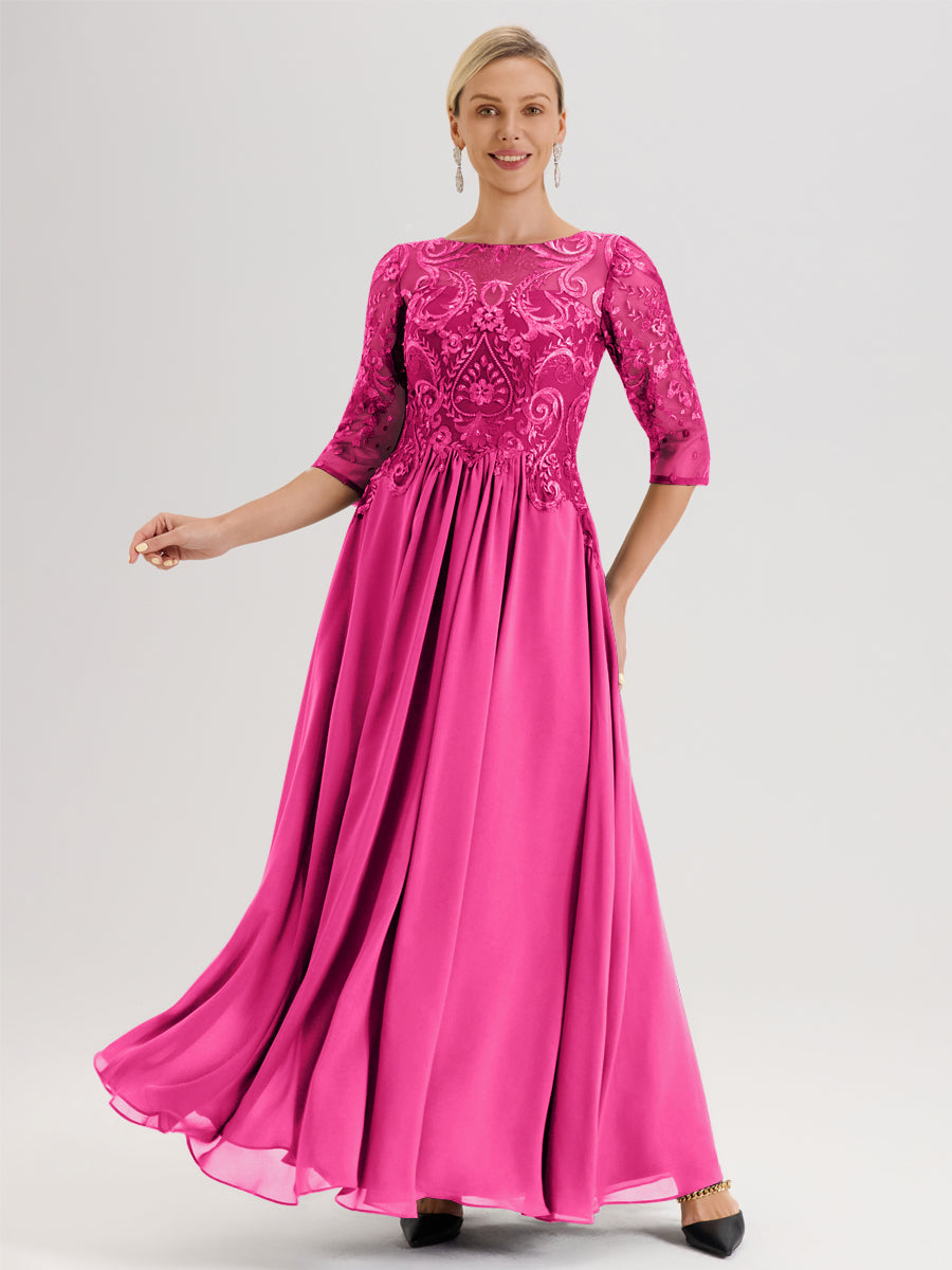 Cicinia Rose Pâle Robe Mère De La Mariée Col Ras Du Cou À Manches 3/4 Trapèze En Mousseline Et Dentelle Longueur Au Sol