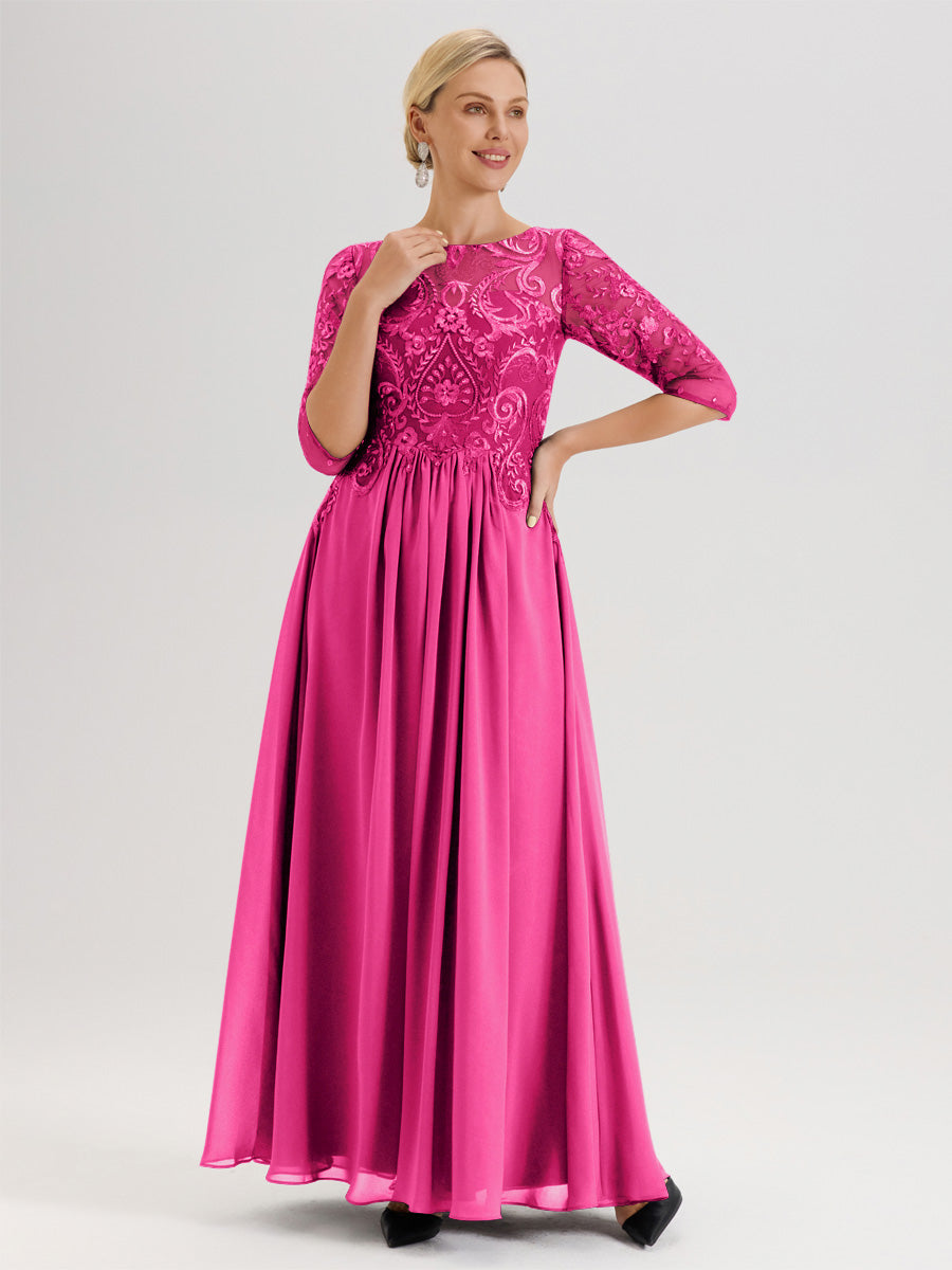 Cicinia Rose Pâle Robe Mère De La Mariée Col Ras Du Cou À Manches 3/4 Trapèze En Mousseline Et Dentelle Longueur Au Sol
