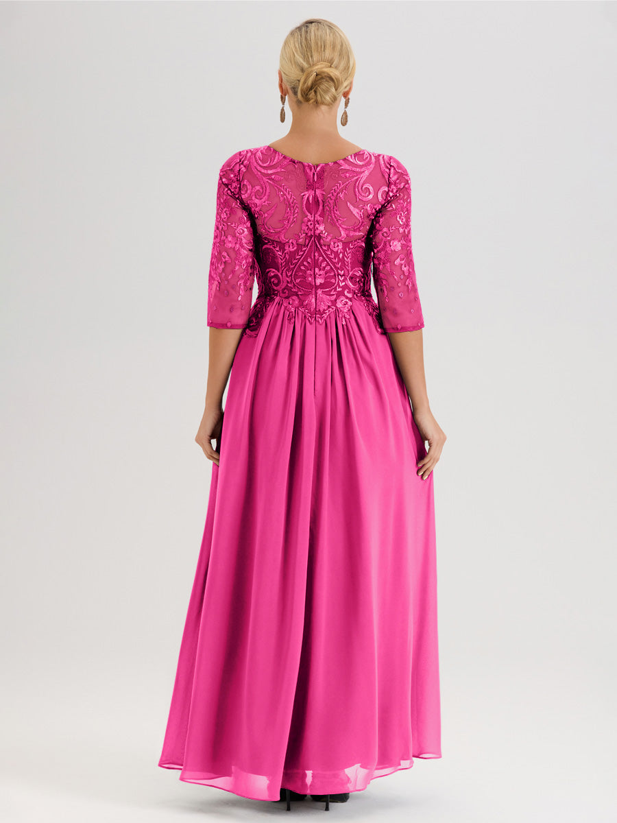 Cicinia Rose Pâle Robe Mère De La Mariée Col Ras Du Cou À Manches 3/4 Trapèze En Mousseline Et Dentelle Longueur Au Sol