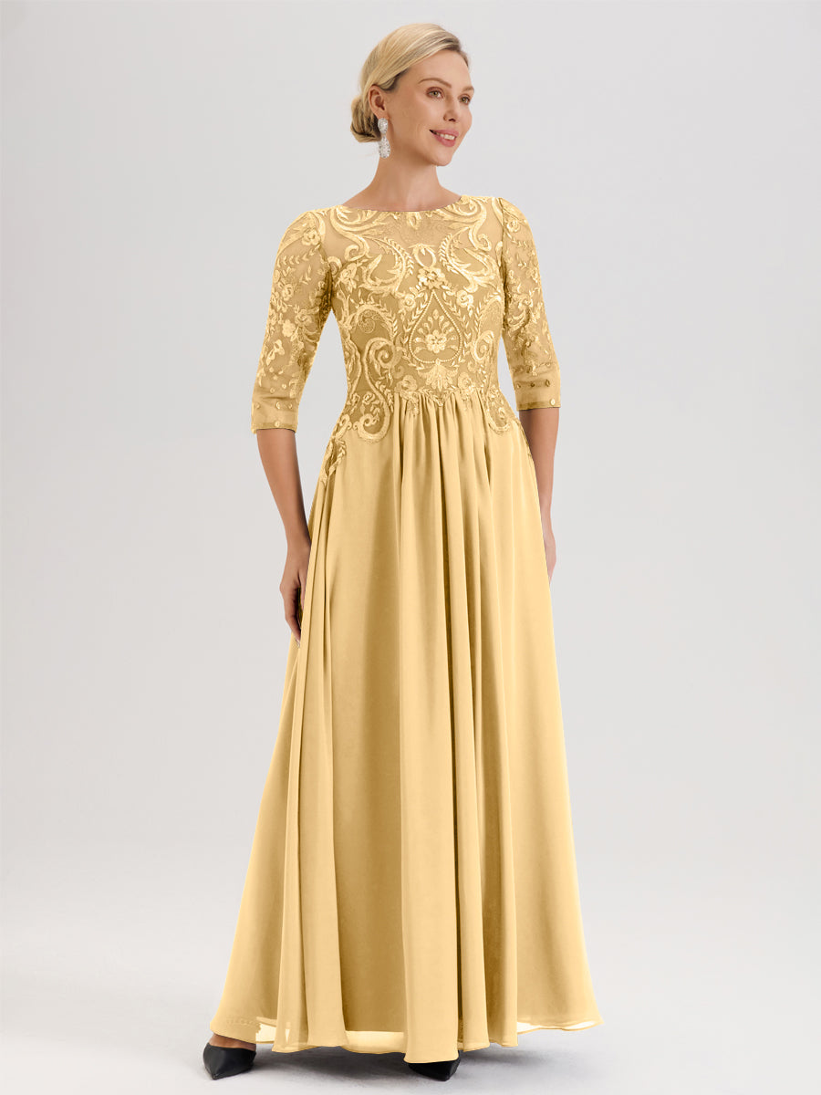 Cicinia Rose Poudré Robe Mère De La Mariée Col Ras Du Cou À Manches 3/4 Trapèze En Mousseline Et Dentelle Longueur Au Sol