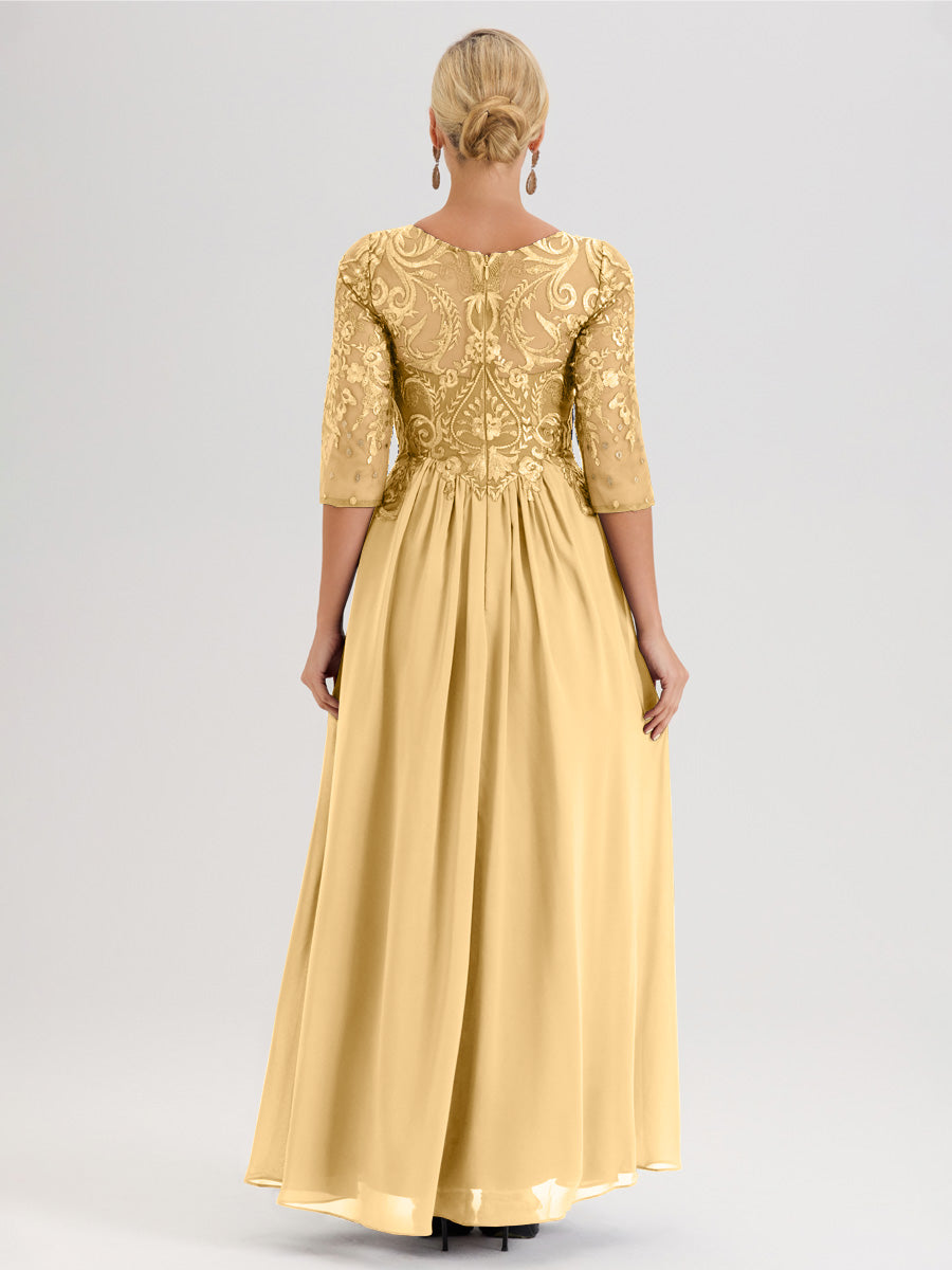 Cicinia Rose Poudré Robe Mère De La Mariée Col Ras Du Cou À Manches 3/4 Trapèze En Mousseline Et Dentelle Longueur Au Sol