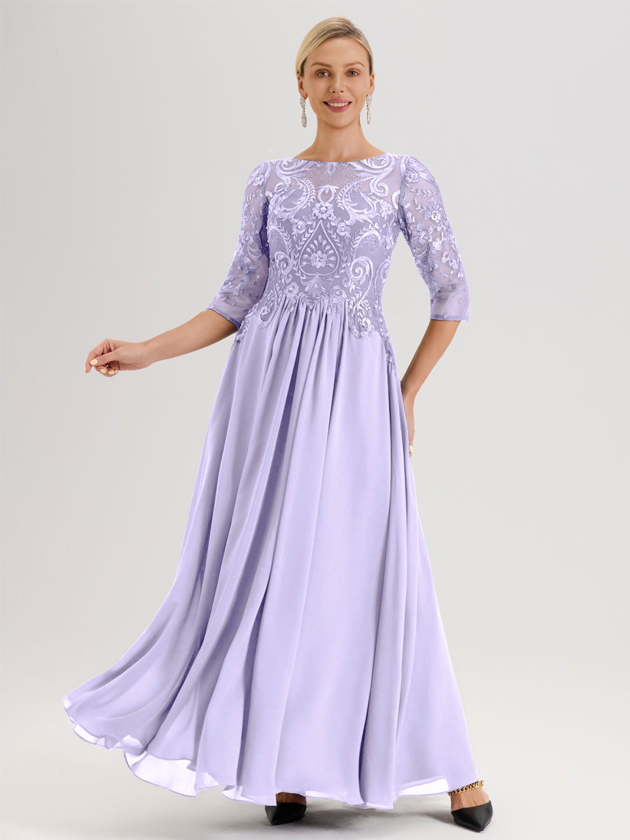 Cicinia Raisin Robe Mère De La Mariée Col Ras Du Cou À Manches 3/4 Trapèze En Mousseline Et Dentelle Longueur Au Sol