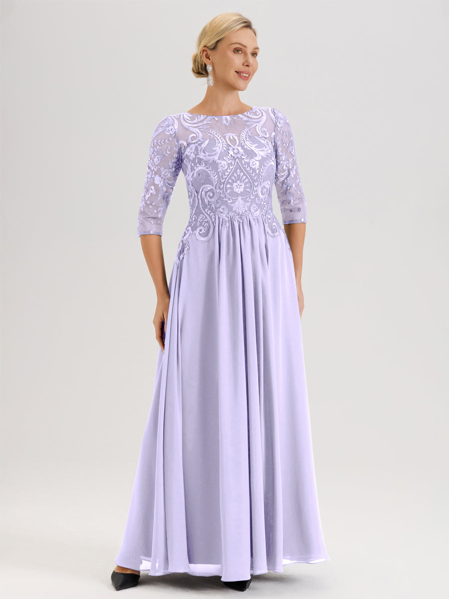 Cicinia Raisin Robe Mère De La Mariée Col Ras Du Cou À Manches 3/4 Trapèze En Mousseline Et Dentelle Longueur Au Sol