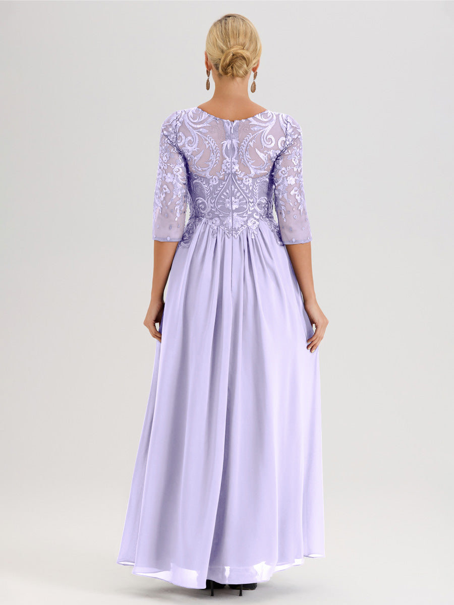 Cicinia Raisin Robe Mère De La Mariée Col Ras Du Cou À Manches 3/4 Trapèze En Mousseline Et Dentelle Longueur Au Sol