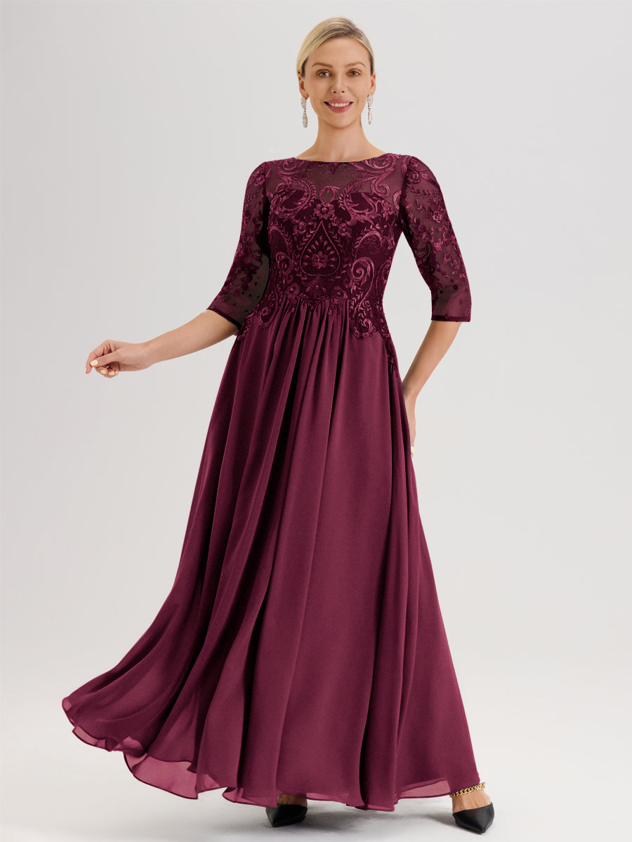 Cicinia Plum Robe Mère De La Mariée Col Ras Du Cou À Manches 3/4 Trapèze En Mousseline Et Dentelle Longueur Au Sol