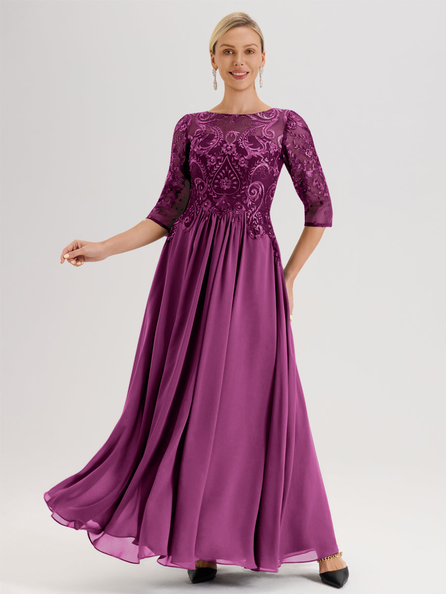 Cicinia Champagne Robe Mère De La Mariée Col Ras Du Cou À Manches 3/4 Trapèze En Mousseline Et Dentelle Longueur Au Sol