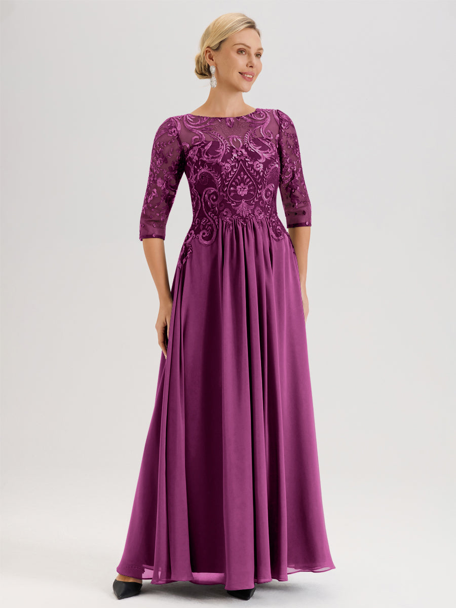 Cicinia Champagne Robe Mère De La Mariée Col Ras Du Cou À Manches 3/4 Trapèze En Mousseline Et Dentelle Longueur Au Sol