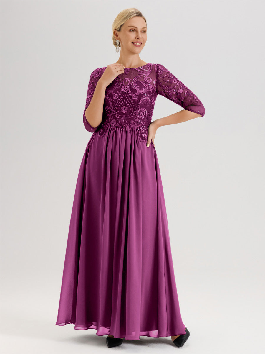 Cicinia Champagne Robe Mère De La Mariée Col Ras Du Cou À Manches 3/4 Trapèze En Mousseline Et Dentelle Longueur Au Sol