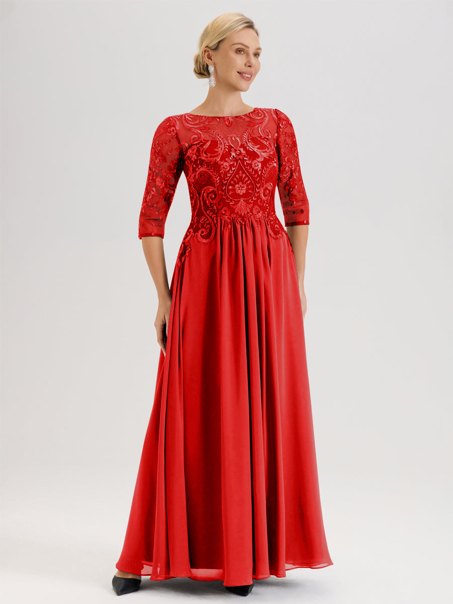 Cicinia Argent Robe Mère De La Mariée Col Ras Du Cou À Manches 3/4 Trapèze En Mousseline Et Dentelle Longueur Au Sol