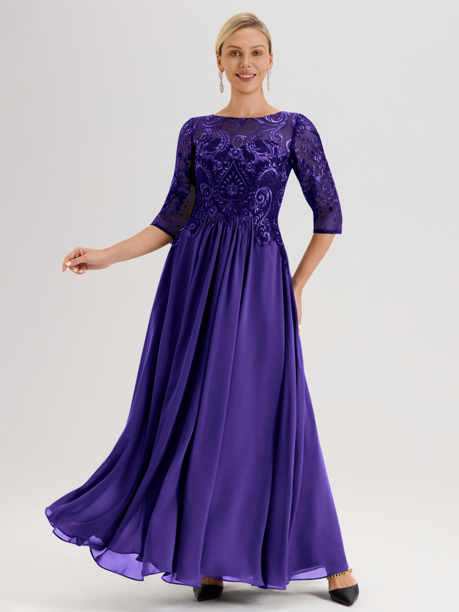 Cicinia Noir Robe Mère De La Mariée Col Ras Du Cou À Manches 3/4 Trapèze En Mousseline Et Dentelle Longueur Au Sol