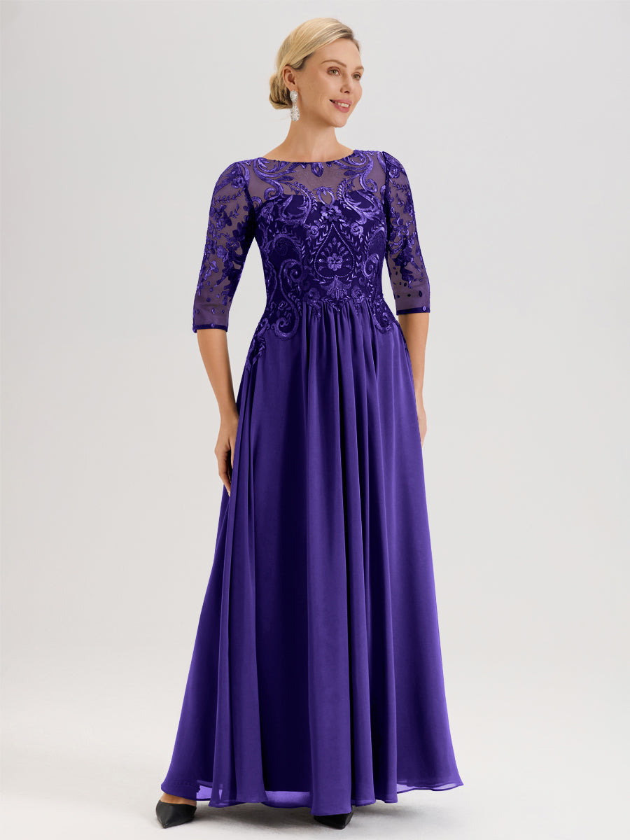 Cicinia Noir Robe Mère De La Mariée Col Ras Du Cou À Manches 3/4 Trapèze En Mousseline Et Dentelle Longueur Au Sol