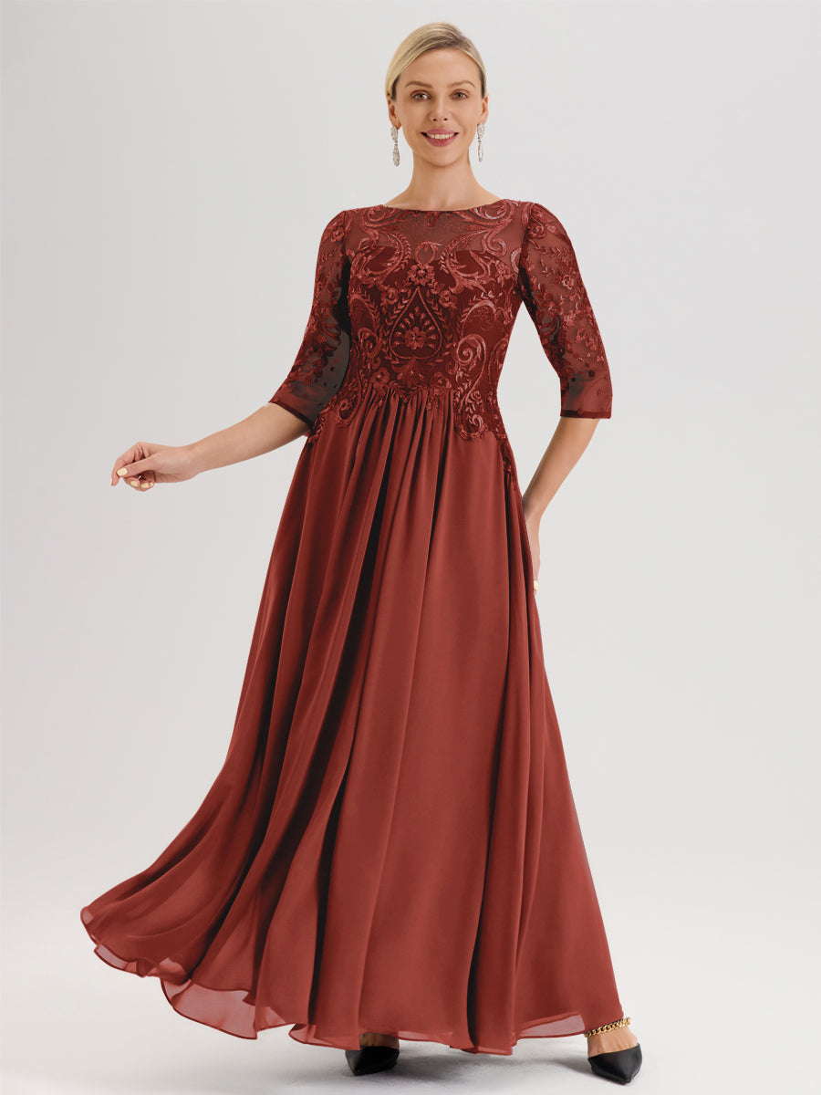 Cicinia Orange Brûlé Robe Mère De La Mariée Col Ras Du Cou À Manches 3/4 Trapèze En Mousseline Et Dentelle Longueur Au Sol