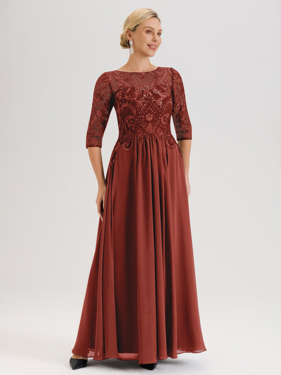 Cicinia Orange Brûlé Robe Mère De La Mariée Col Ras Du Cou À Manches 3/4 Trapèze En Mousseline Et Dentelle Longueur Au Sol
