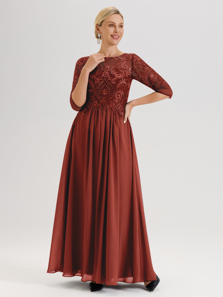 Cicinia Orange Brûlé Robe Mère De La Mariée Col Ras Du Cou À Manches 3/4 Trapèze En Mousseline Et Dentelle Longueur Au Sol