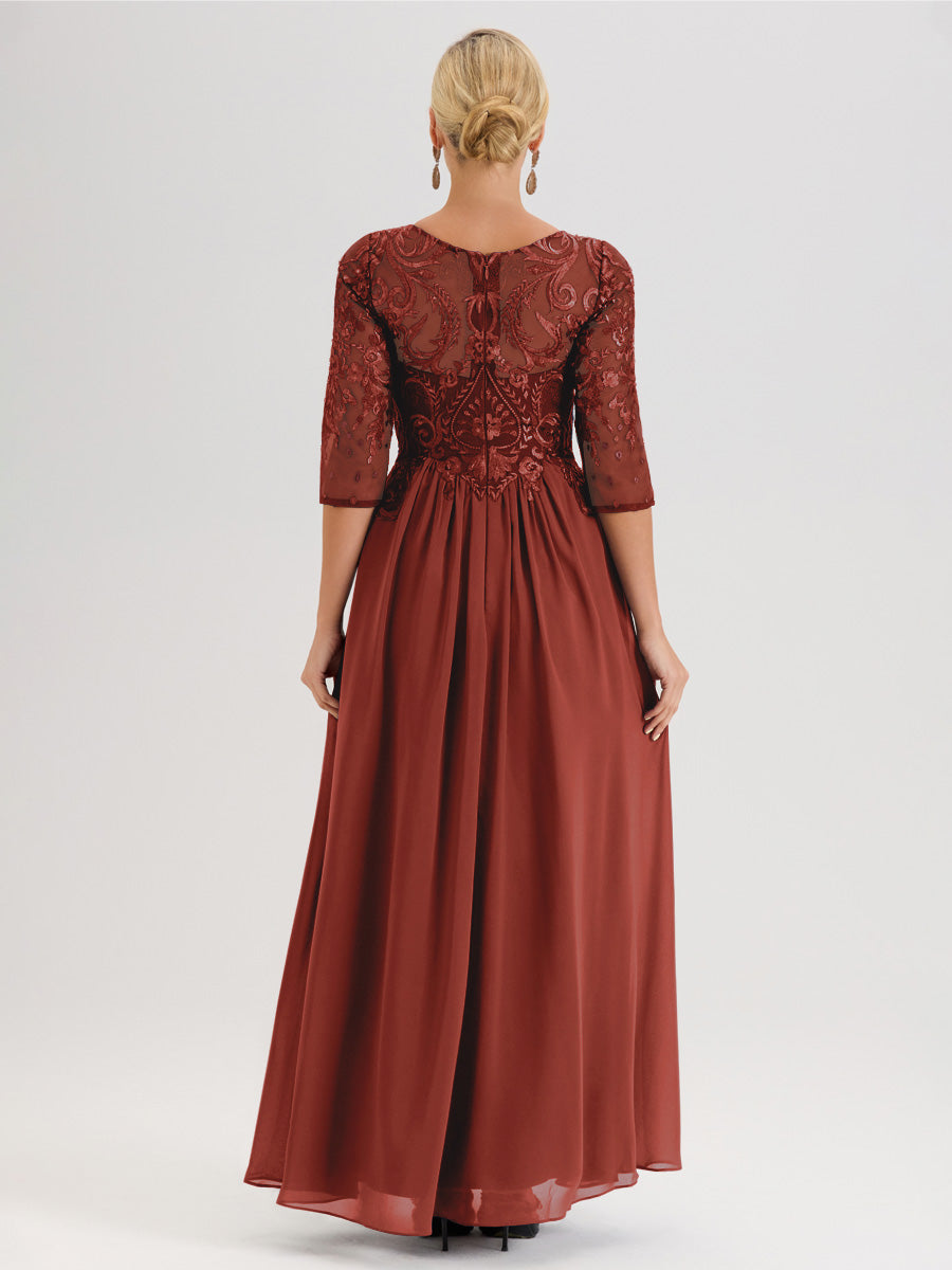 Cicinia Orange Brûlé Robe Mère De La Mariée Col Ras Du Cou À Manches 3/4 Trapèze En Mousseline Et Dentelle Longueur Au Sol
