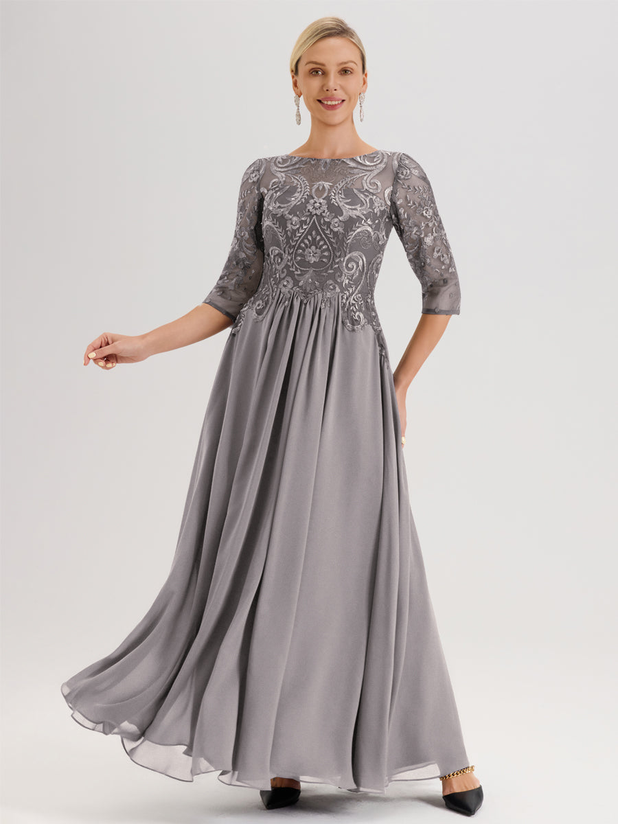 Cicinia Vert Olive Robe Mère De La Mariée Col Ras Du Cou À Manches 3/4 Trapèze En Mousseline Et Dentelle Longueur Au Sol