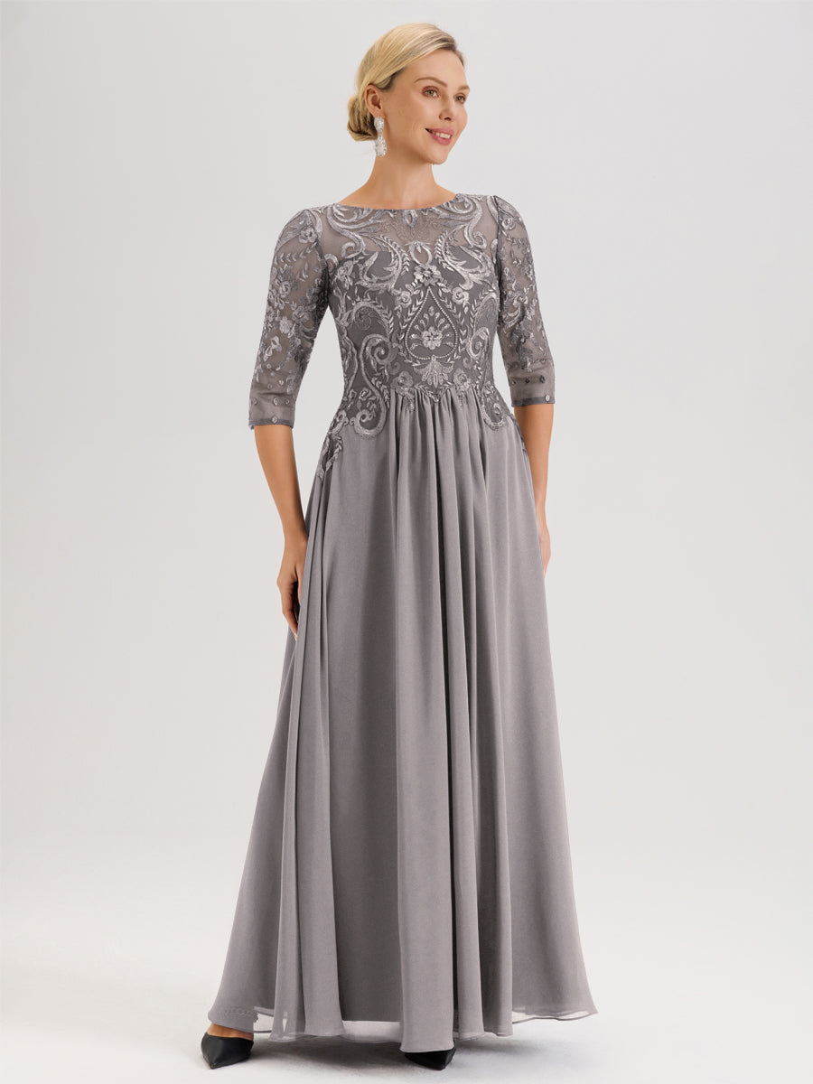 Cicinia Vert Olive Robe Mère De La Mariée Col Ras Du Cou À Manches 3/4 Trapèze En Mousseline Et Dentelle Longueur Au Sol