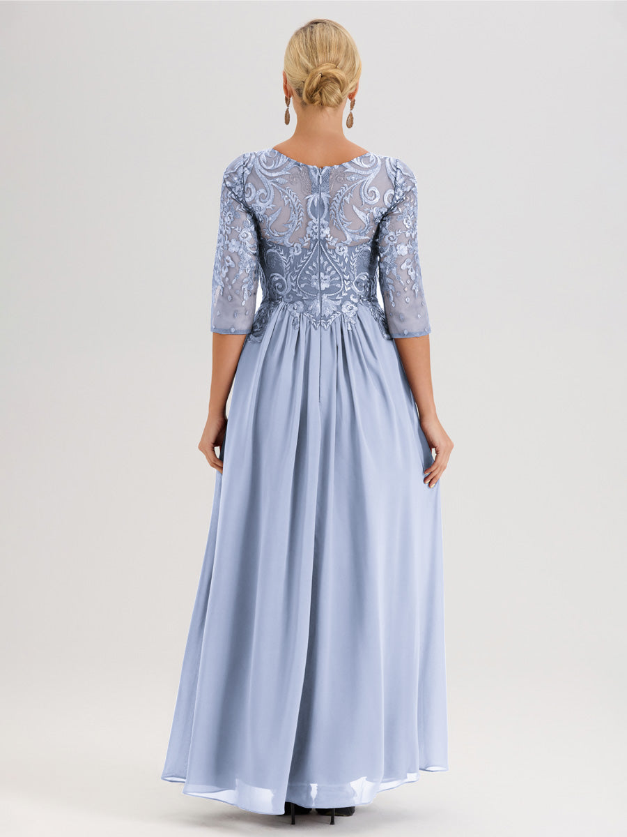 Cicinia Rose Cannelle Robe Mère De La Mariée Col Ras Du Cou À Manches 3/4 Trapèze En Mousseline Et Dentelle Longueur Au Sol