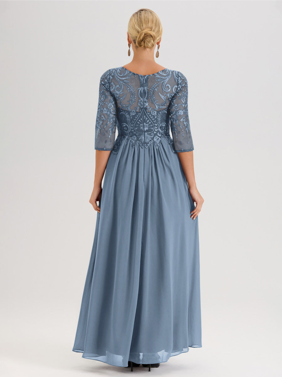 Cicinia Celadon Robe Mère De La Mariée Col Ras Du Cou À Manches 3/4 Trapèze En Mousseline Et Dentelle Longueur Au Sol