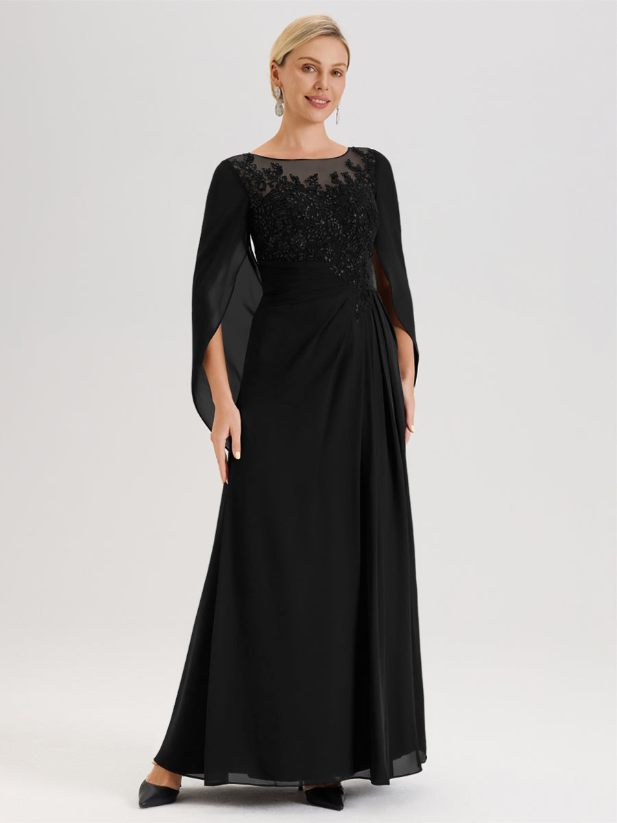Cicinia Noir Robe De Mère De La Mariée Longue Ligne A En Dentelle Appliquée Et Mousseline À Manches Volantes Et Col Illusion
