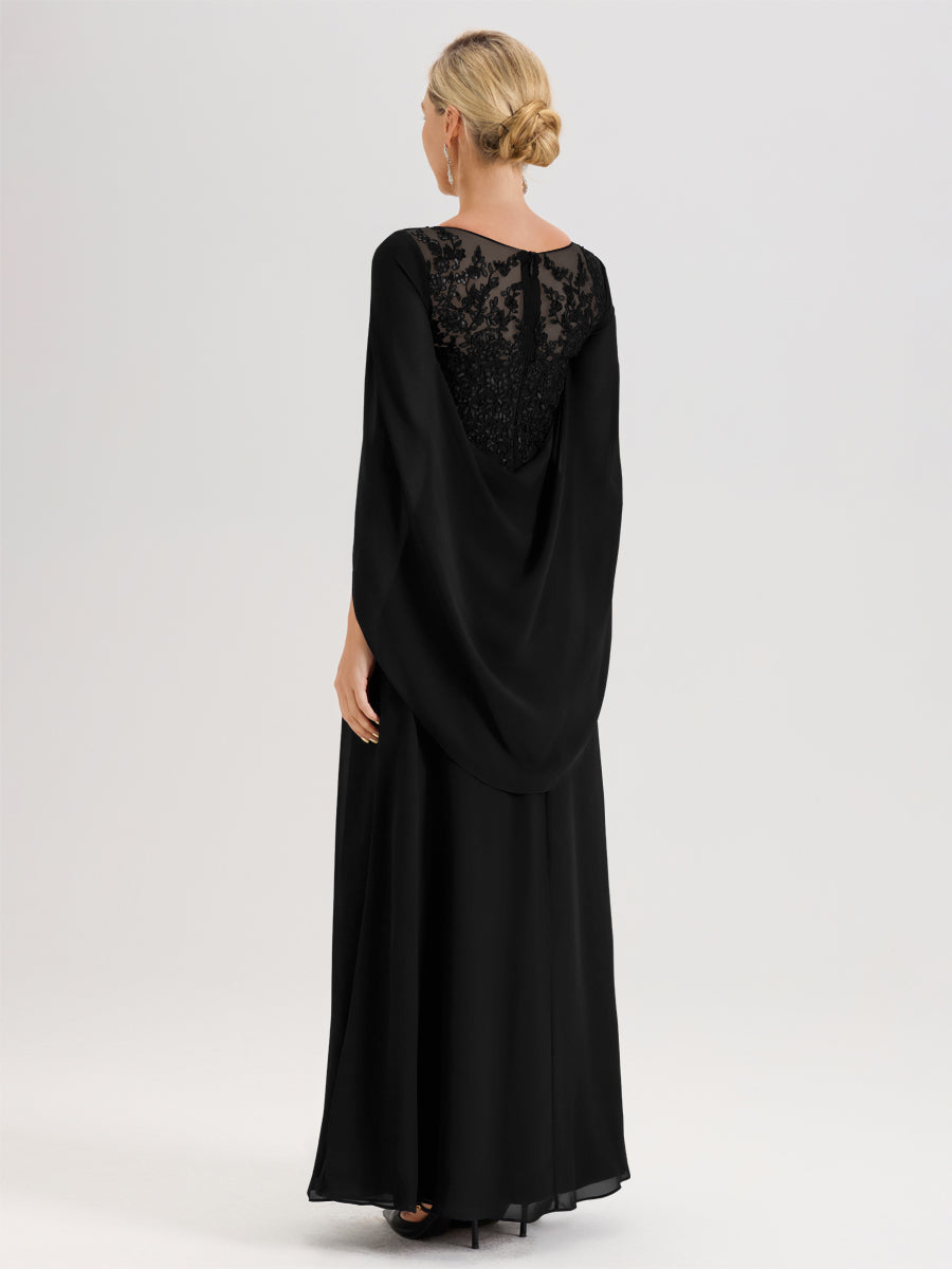 Cicinia Noir Robe De Mère De La Mariée Longue Ligne A En Dentelle Appliquée Et Mousseline À Manches Volantes Et Col Illusion