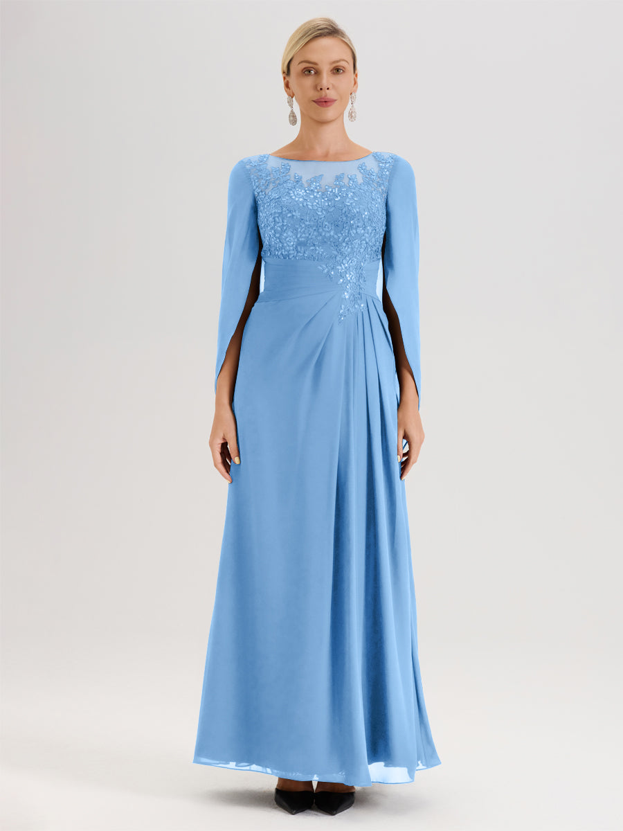 Cicinia Bleu Robe De Mère De La Mariée Longue Ligne A En Dentelle Appliquée Et Mousseline À Manches Volantes Et Col Illusion