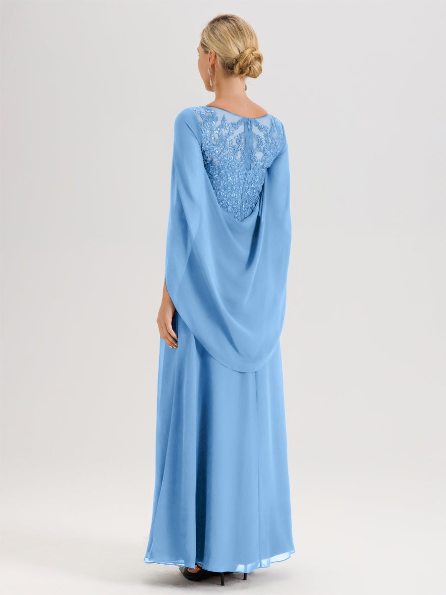 Cicinia Bleu Robe De Mère De La Mariée Longue Ligne A En Dentelle Appliquée Et Mousseline À Manches Volantes Et Col Illusion