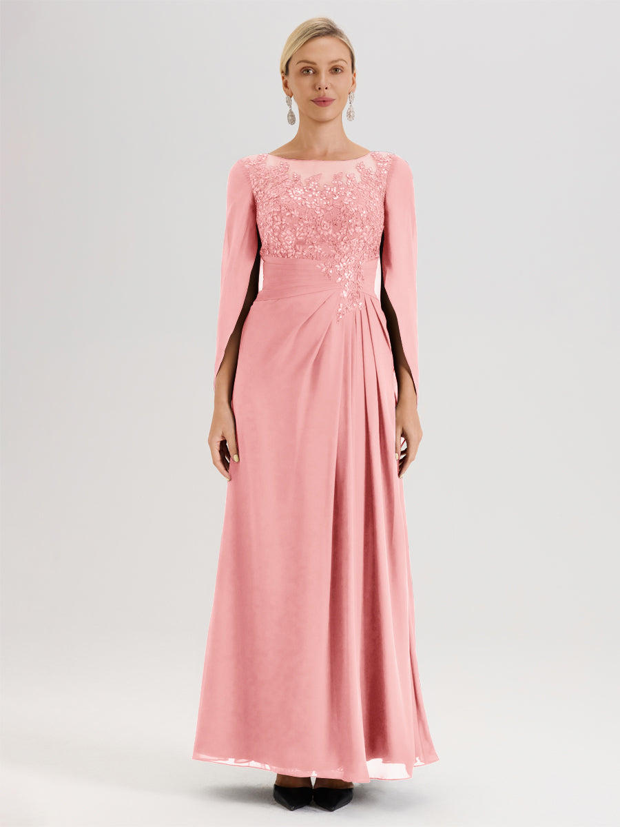 Cicinia Rose Robe De Mère De La Mariée Longue Ligne A En Dentelle Appliquée Et Mousseline À Manches Volantes Et Col Illusion