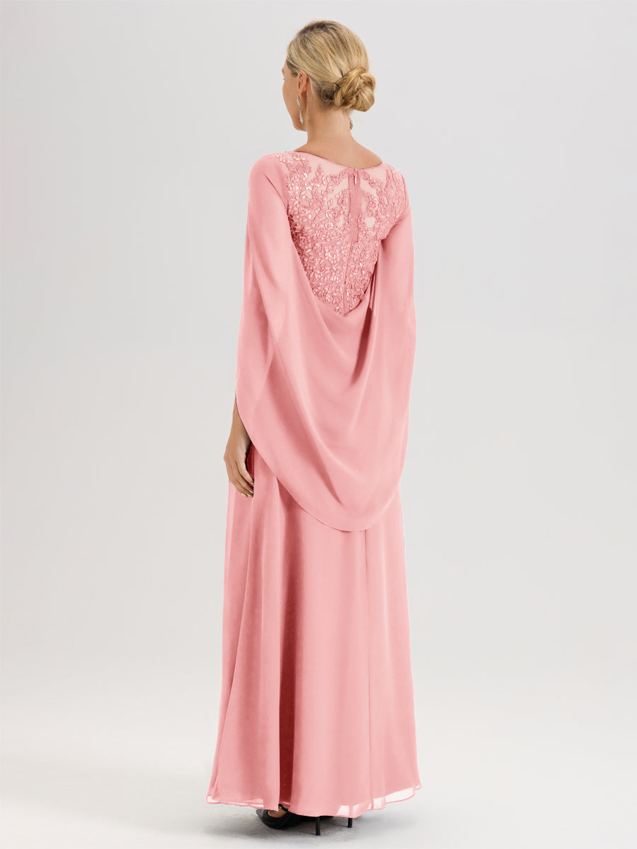 Cicinia Rose Robe De Mère De La Mariée Longue Ligne A En Dentelle Appliquée Et Mousseline À Manches Volantes Et Col Illusion